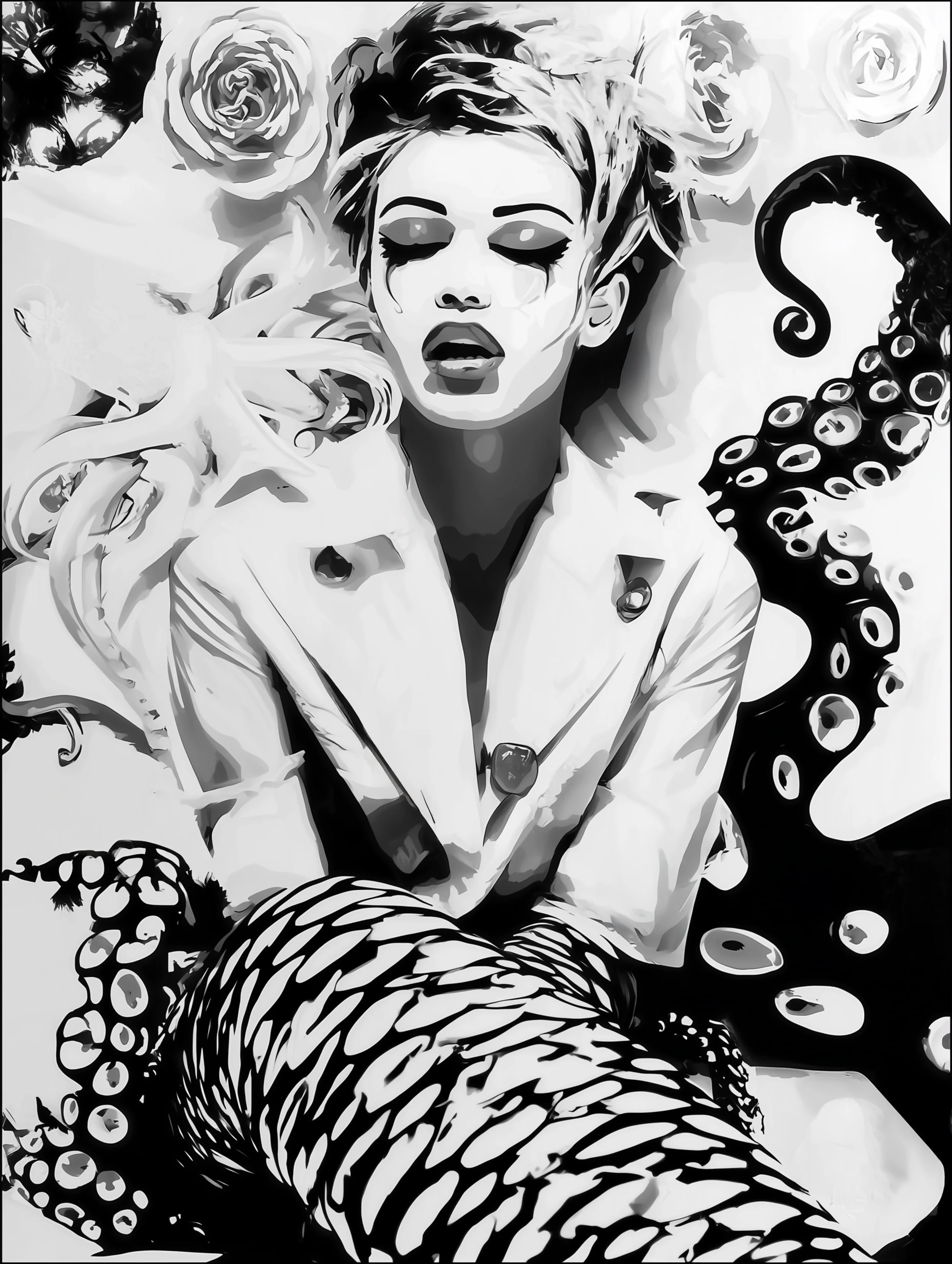 Free printable mermaid coloring page for adults featuring tentacle behind white jacket mermaid